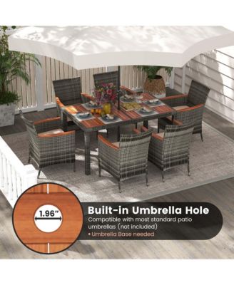 7 Pieces Outdoor Wicker Dining Set with Acacia Wood Table and 6 Armchairs