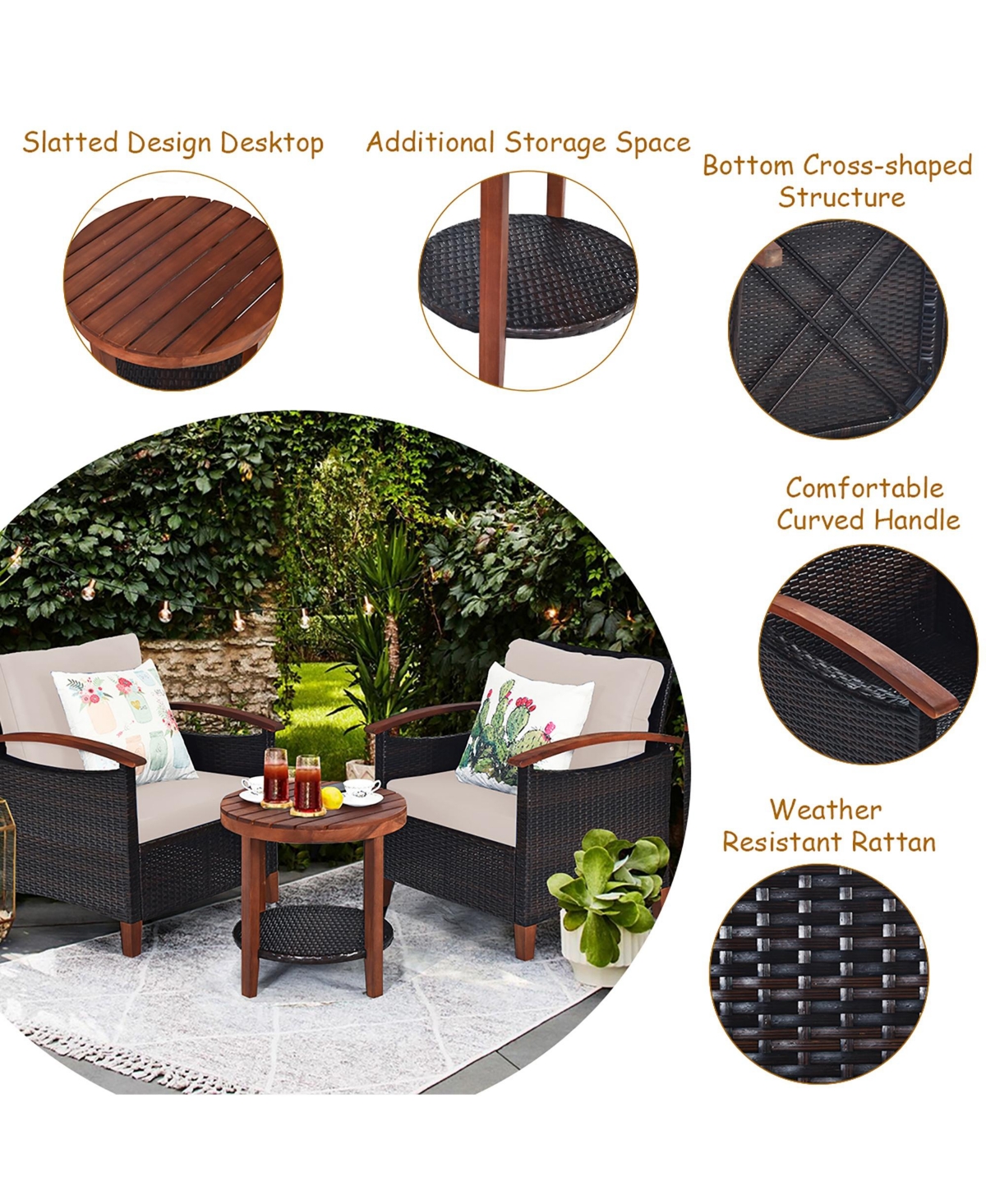 Costway 3PCS Patio Wicker Sofa Set Acacia Wood Frame -khaki