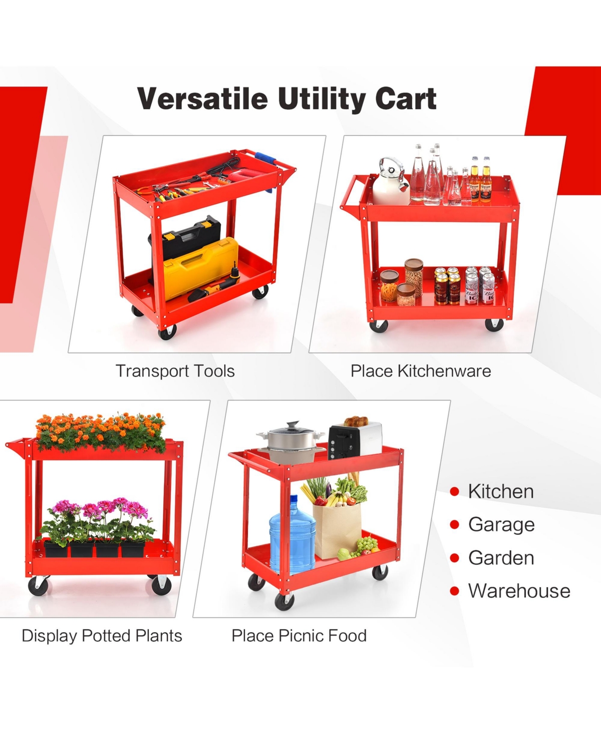 Costway 2-Tier Utility Cart Metal Service Cart Rolling Tool Storage Organizer with Handle