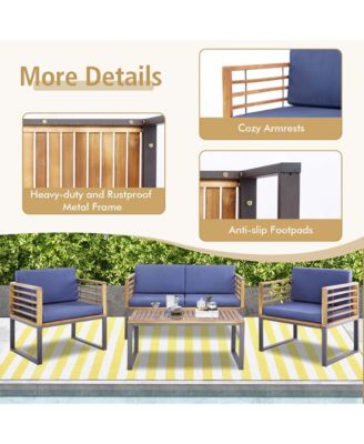 4pcs Patio Acacia Wood Chair Table Loveseat Cushioned Furniture Set Outdoor