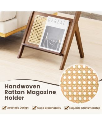 Rattan Side Table Bamboo Accent Bedside Table with Tempered Glass Top