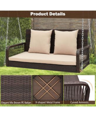 Patio Wicker Porch Swing 2-Person Hanging Loveseat Bench Chair with Cushions