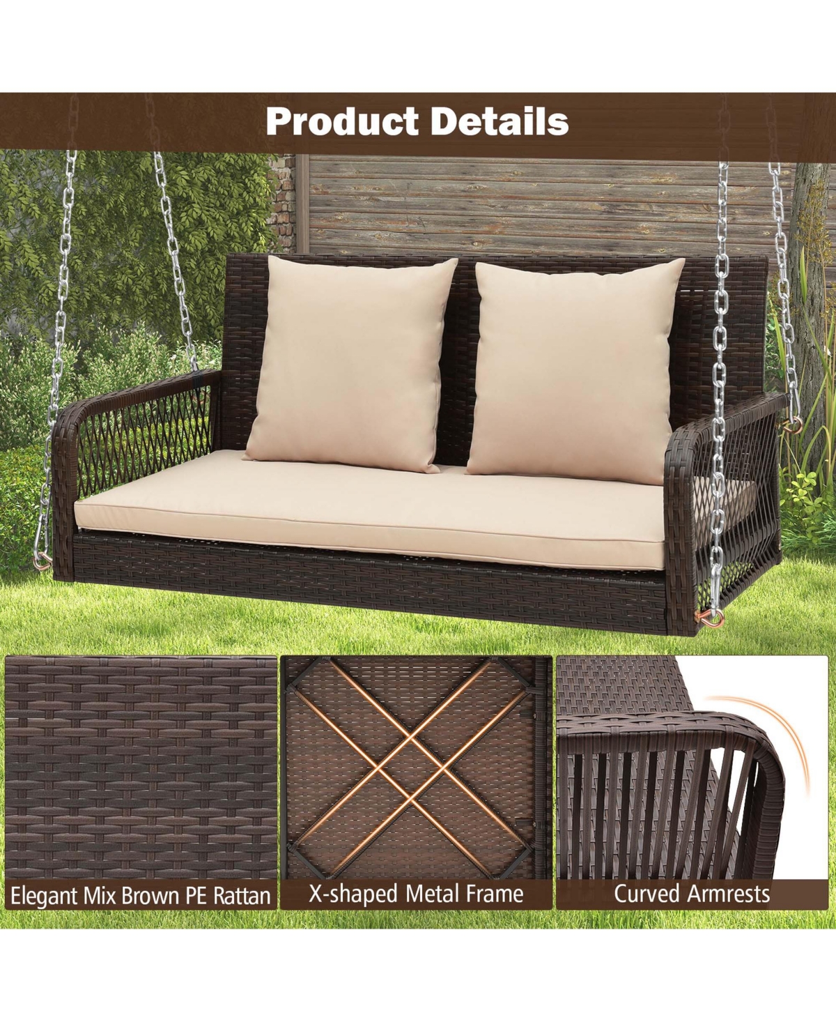 Patio Wicker Porch Swing 2-Person Hanging Loveseat Bench Chair with Cushions -khaki