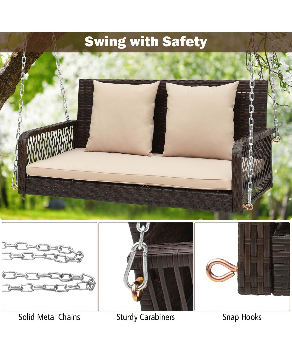 Patio Wicker Porch Swing 2-Person Hanging Loveseat Bench Chair with Cushions -khaki