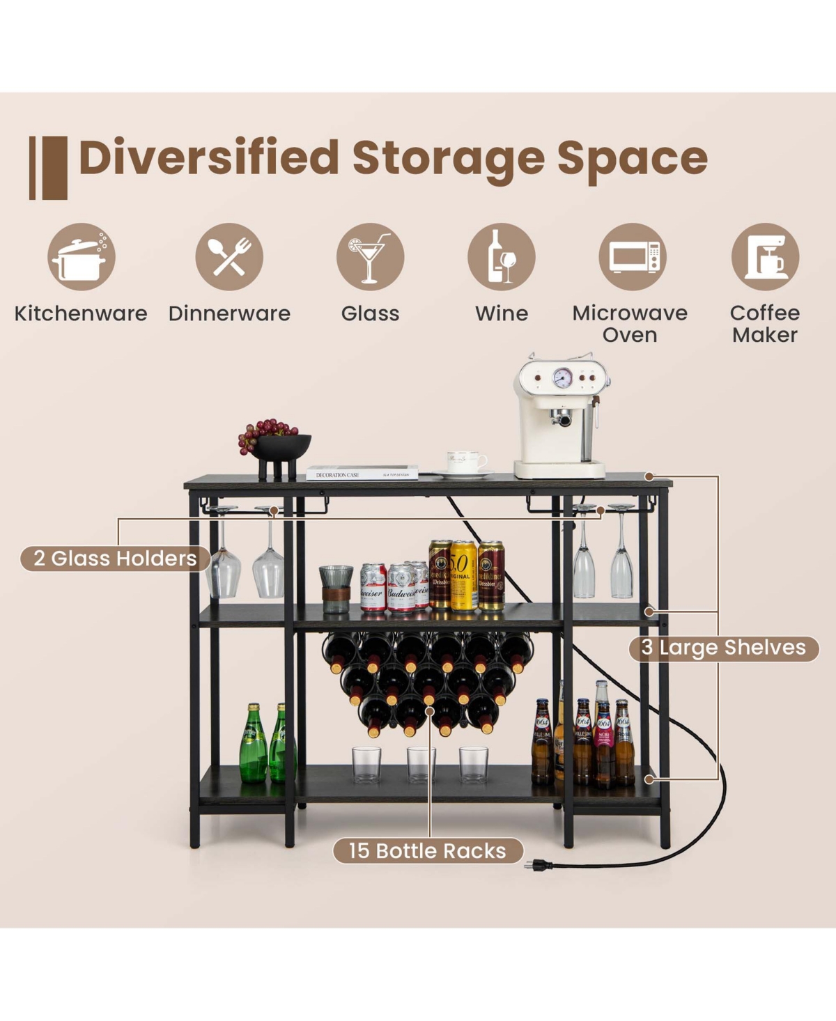 Costway Cabinet Bar Table Rack Table for Drinks Glasses with Power Outlets