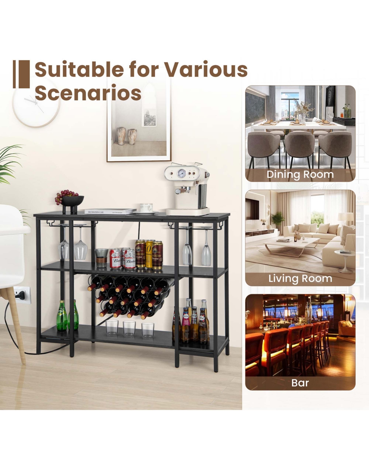 Costway Cabinet Bar Table Rack Table for Drinks Glasses with Power Outlets
