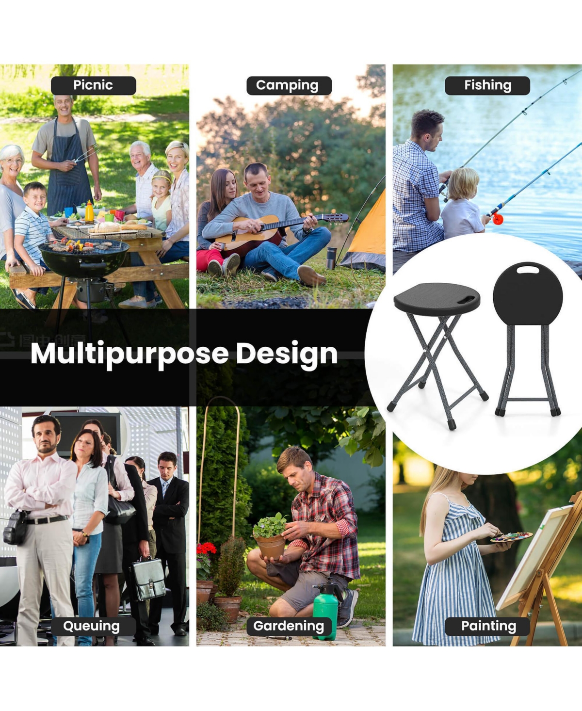 Gymax 18''H Folding Stool Portable & Foldable Camping Chair w/ Built-in Handle - Black+sliver