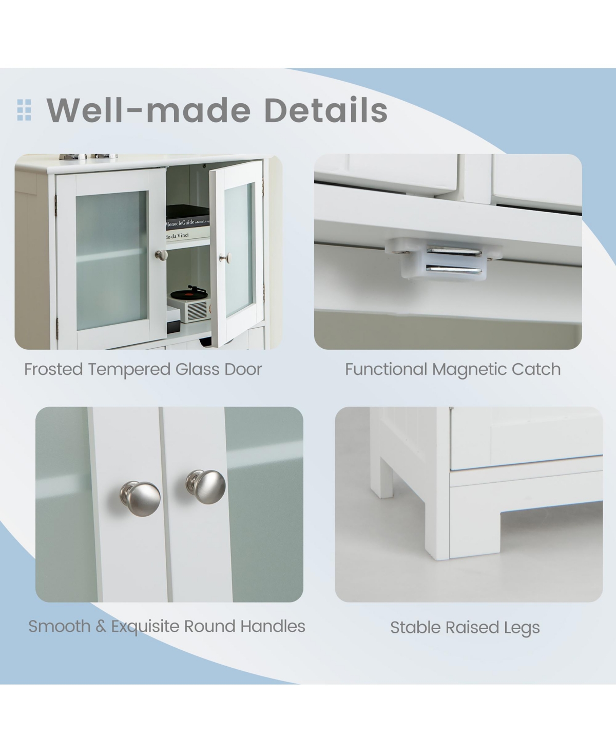 Costway Bathroom Floor Storage Cabinet Kitchen Cupboard with 2 Drawers & Glass Doors