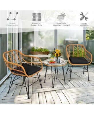 3PCS Patio Rattan Bistro Furniture Set Cushioned Chair Table