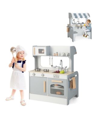 2 in 1 Kids Play Kitchen& Restaurant Double Sided Wooden Kitchen Playset Toddler