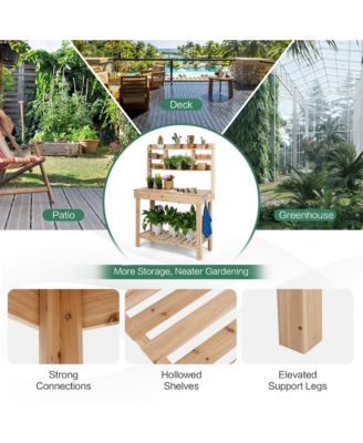 Potting Bench Table Wooden Garden Work Bench Platform with Display Rack Hidden Sink