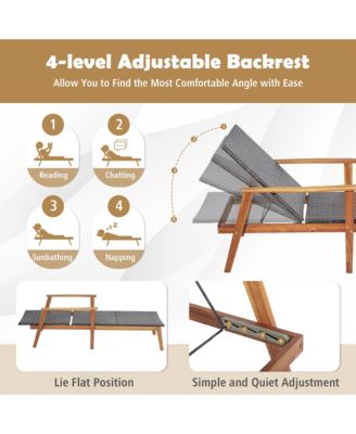 2PCS Patio Rattan Lounge Chair Chaise Recliner Wood Back Adjust W/Folding Table