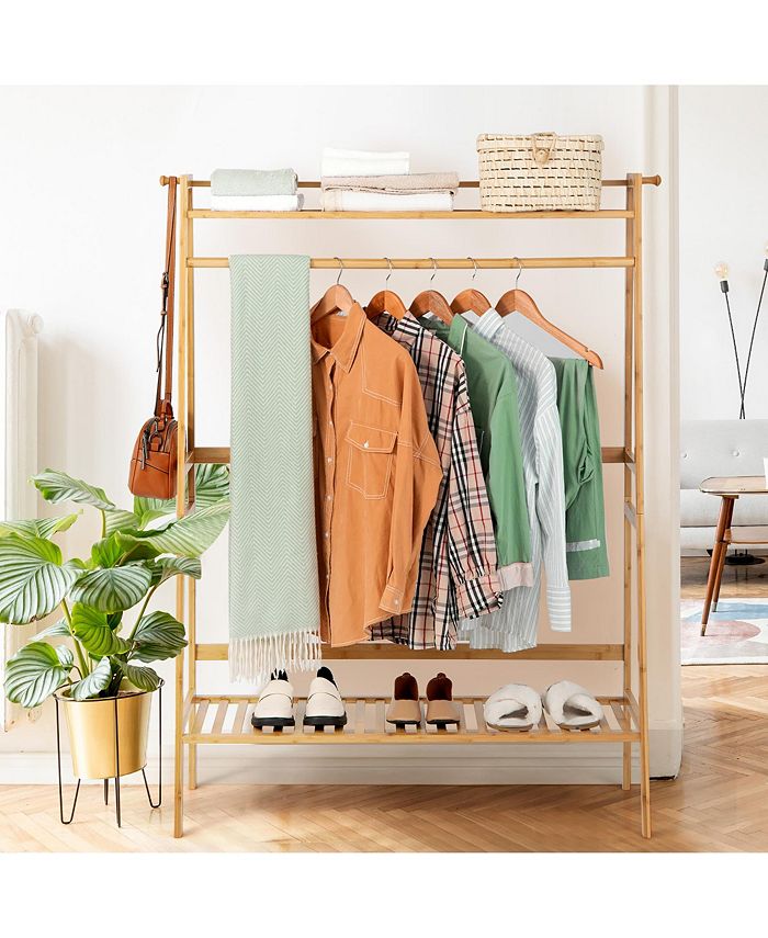 Costway 2Tier Bamboo Garment Rack Clothing Storage Organizer Coat
