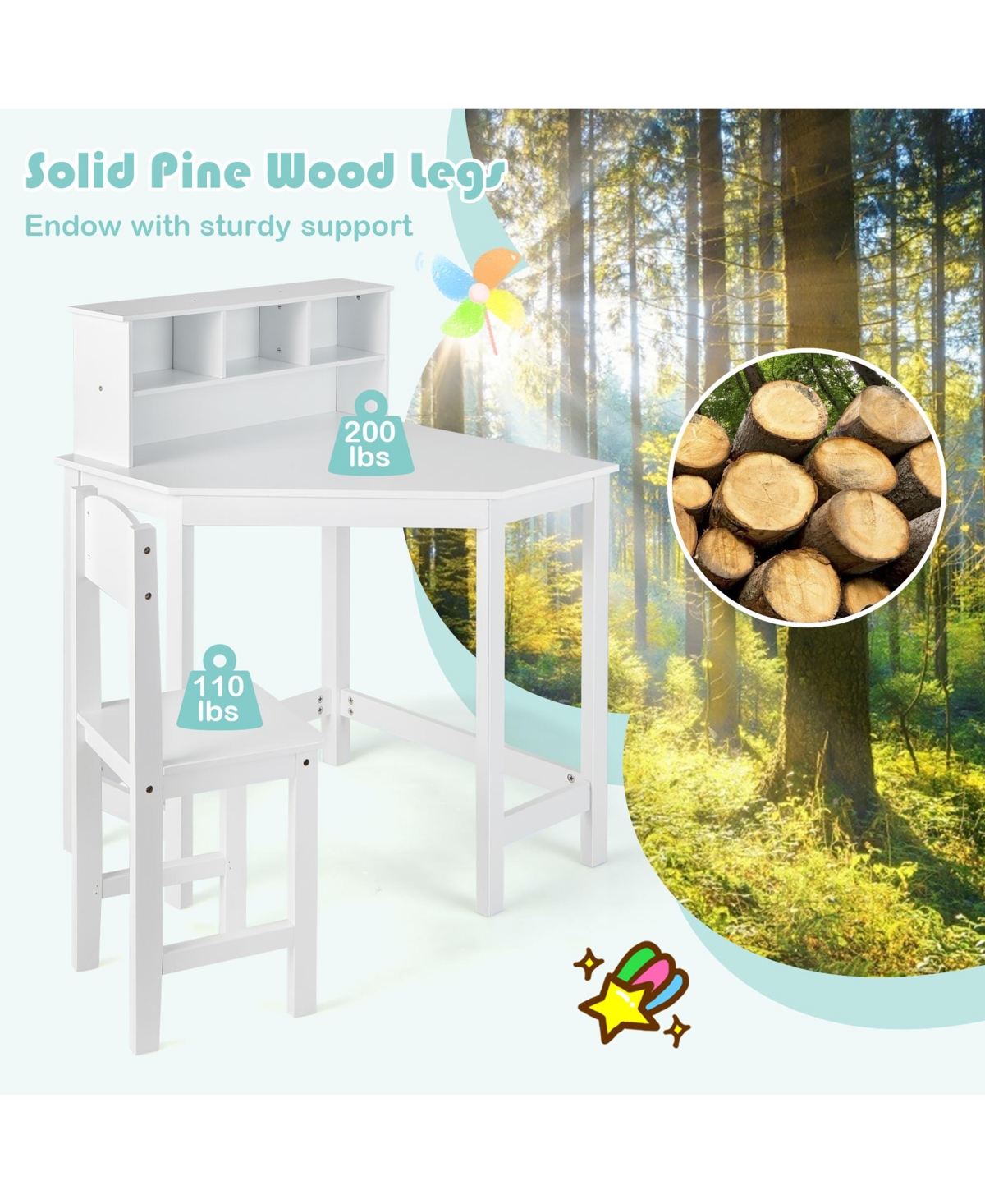 Kids Corner Desk & Chair Set Wooden Study Writing Workstation