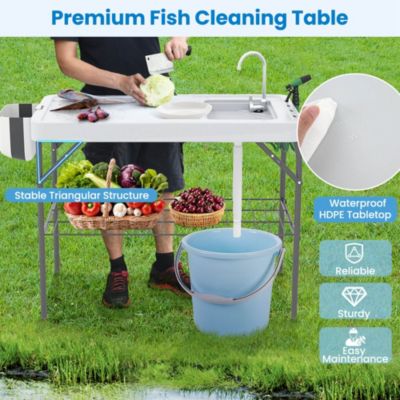 Folding Fish Cleaning Table Portable Camping Table with Faucet Hose Grid Rack