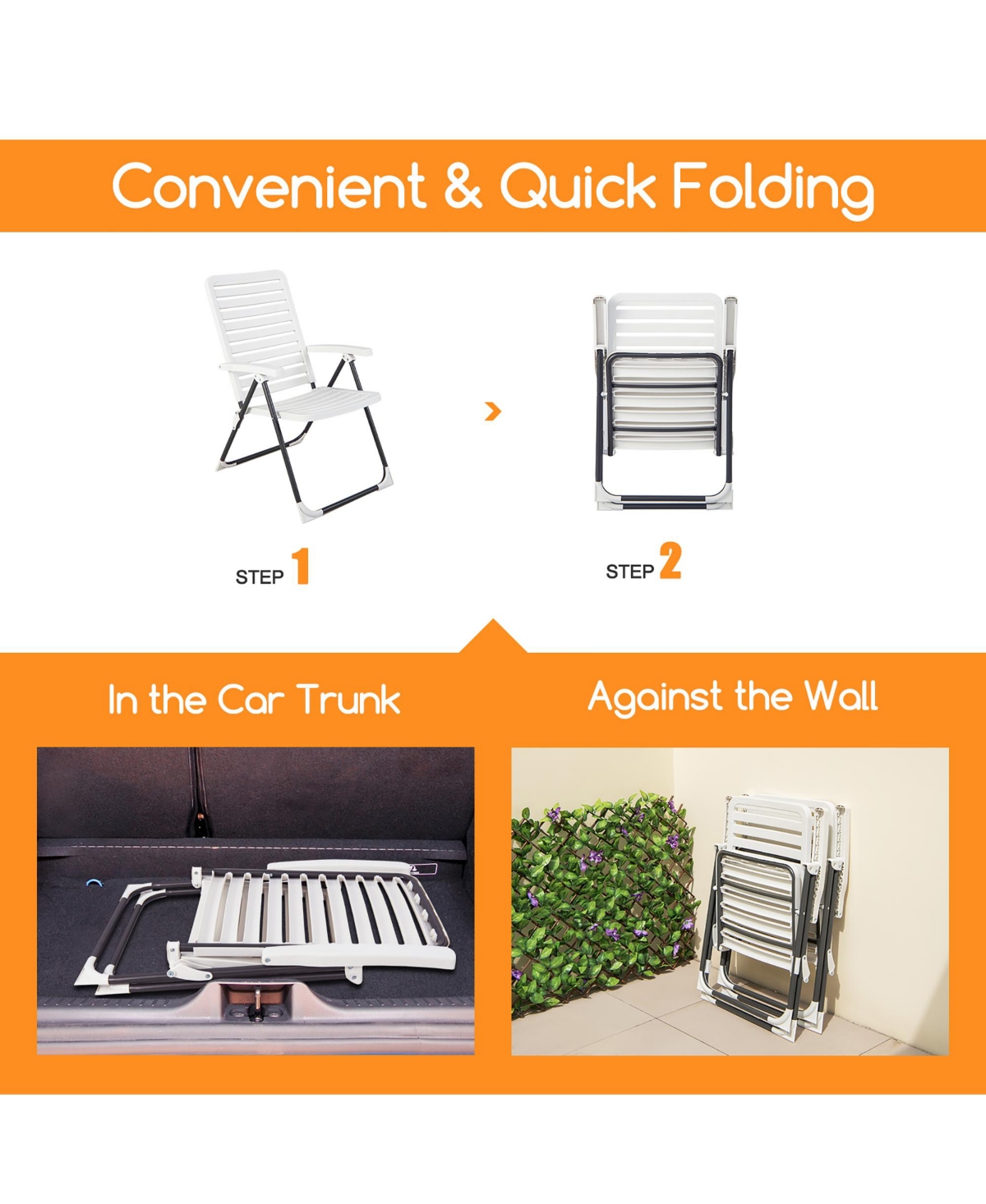 Costway Patio Pp Folding Chair Adjustable Reclining 7-Level All-Weather Portable Outdoor