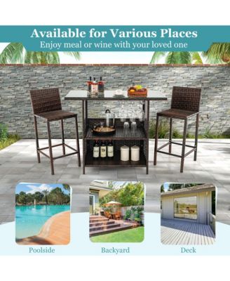 Patio 3PCS Wicker Bar Set Height Table Two Stools with 3 Rows Stemware Racks Garden