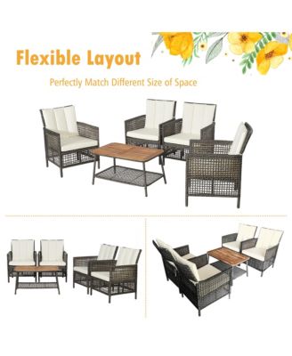 5PCS Patio Rattan Furniture Set Cushioned Sofa Armrest Wooden Tabletop