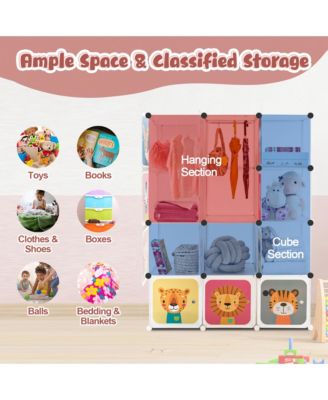 12-Cube Kids Wardrobe Baby Dresser Bedroom Armoire Clothes Hanging Closet with Door