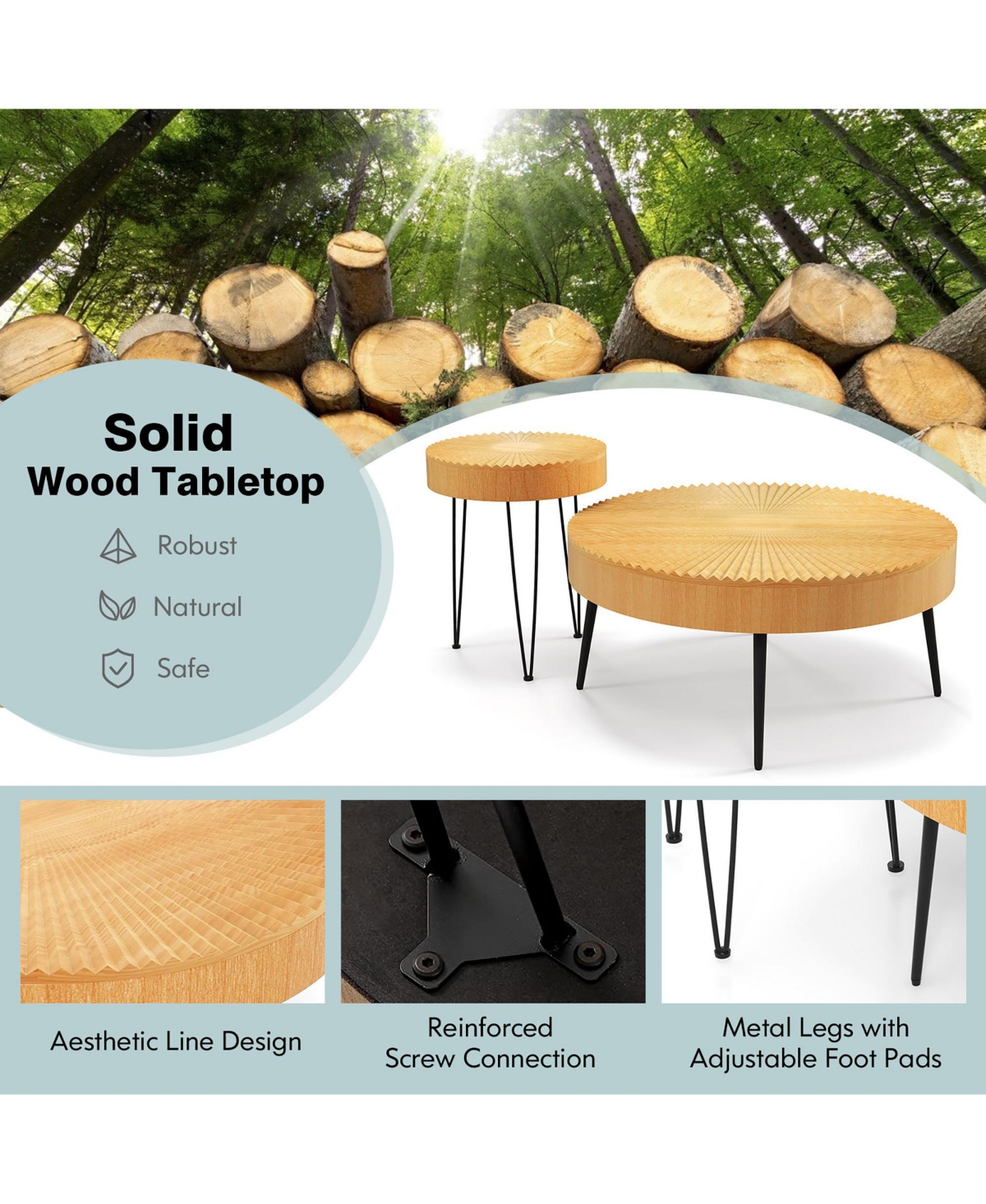 Costway Farmhouse Round Coffee Table Set of 2 End TableFinish for Living Room - Natural