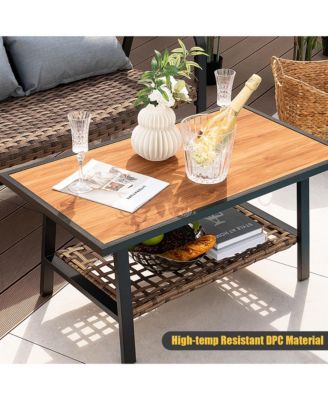 2 PCS Patio Rattan Loveseat Coffee Table Set Padded Back and Seat Pillow w/Shelf