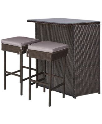 Patio 3PCS Rattan Bar Table Stool Set Cushioned Chairs