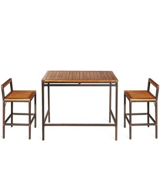 3 PCS Patio Rattan Wicker Bar wood Table Chair Outdoor