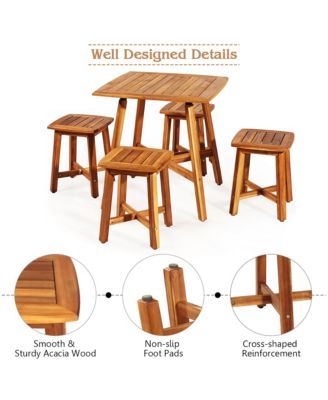 5PCS Acacia Patio Dining Set W/Square Table & 4 Stools Reddish