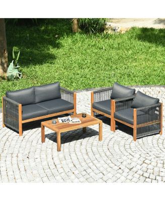 4PCS Acacia Wood Outdoor Patio Furniture Set Cushioned Sofa W/Nylon Rope Armrest
