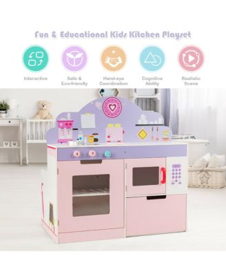 2 in 1 Kids Play Kitchen & Cafe Restaurant Wooden Pretend Cooking Playset Toy
