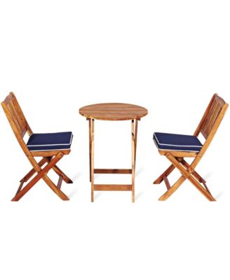 3PC Folding Patio Conversation Set Acacia Wood Bistro Set w/ Cushions