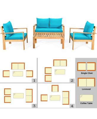 4PCS Patio Acacia Wood Conversation Furniture Set w/ Turquoise Cushions