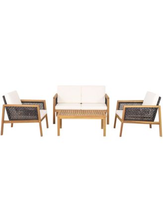 4PCS Patio Acacia Wood Furniture Set PE Rattan Conversation Set with Off White Cushions