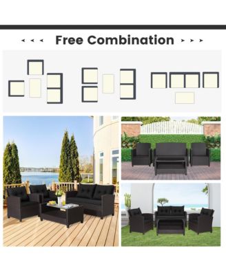4PCS Outdoor Conversation Set Patio PE Rattan Set w/ Glass Table & Sofa Cushions