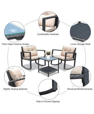 3PC Patio Rattan Conversation Set Rocking Chair Cushioned