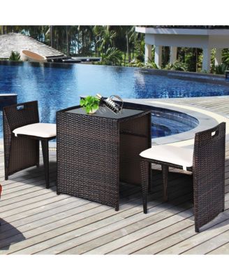 3PCS Outdoor Patio Rattan Furniture Set Space Saving Garden Deck W/Cushion No Assembly