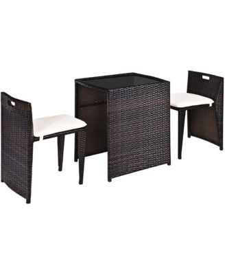 3PCS Outdoor Patio Rattan Furniture Set Space Saving Garden Deck W/Cushion No Assembly