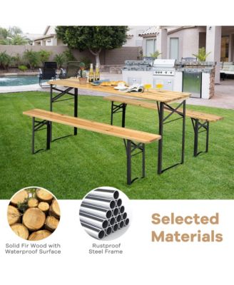 3 PCS Beer Table Bench Set Folding Wooden Top Picnic Table Patio Garden