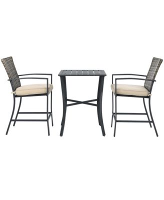 Patio Rattan Bar Furniture Set Slat Table 2 Cushioned Stools Poolside