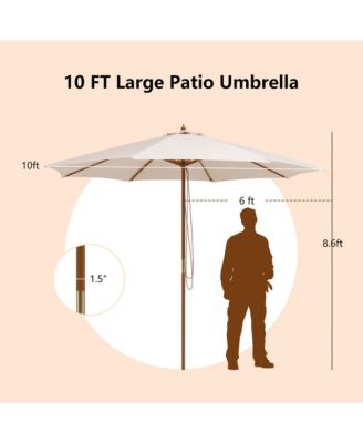 10FT Patio Wooden Market Table Umbrella Pulley w/8 Bamboo Ribs Sunshade Canopy