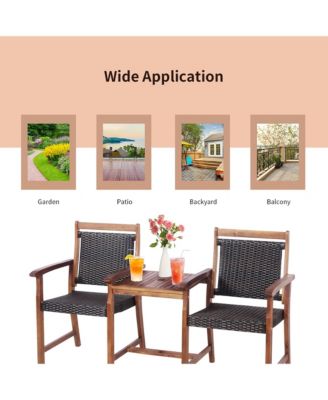 2-Seat Patio Rattan Bench Acacia Wood Frame Table W/Umbrella Hole Deck