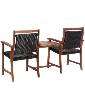 2-Seat Patio Rattan Bench Acacia Wood Frame Table W/Umbrella Hole Deck