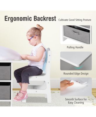 Kids Art Play Wood Table and 2 Chairs Set w/ Storage Baskets Puzzle