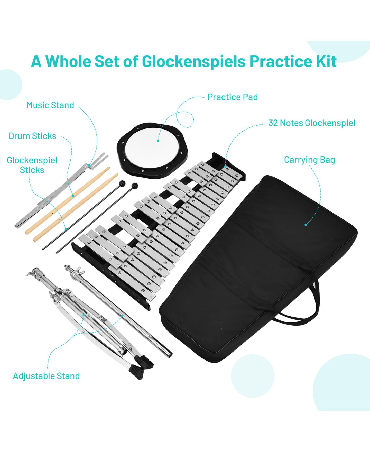Детские игрушки Costway 32-Note Glockenspiel Height-Adjustable 7-Piece Percussion Bell Kit, Ages 5+, цвет: Чёрный — фото 9
