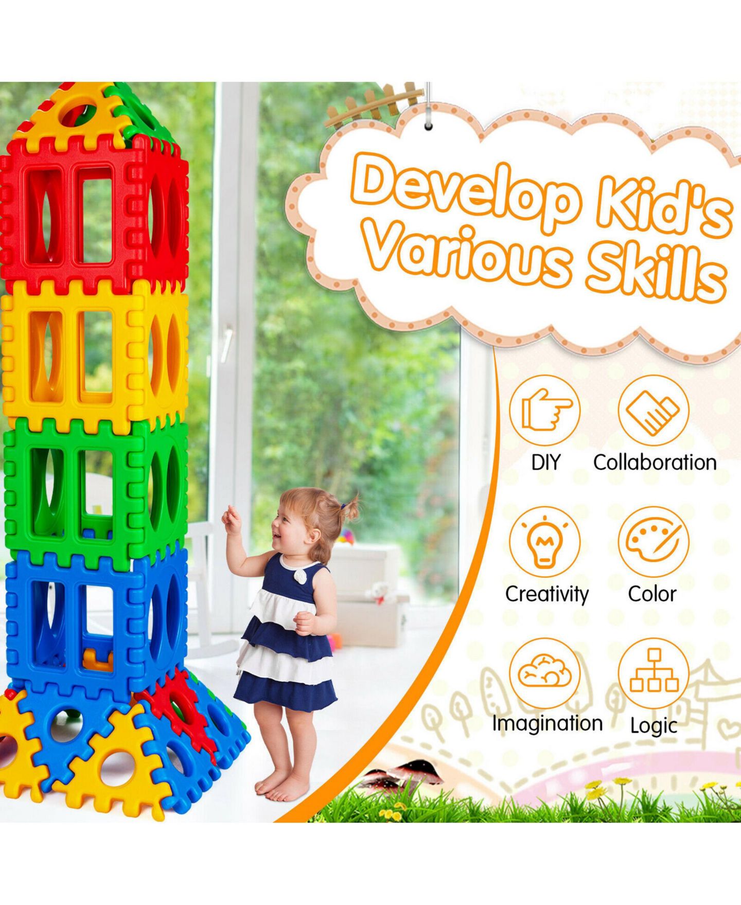 Детские конструкторы Costway 32 Pieces Big Waffle Block Set Kids Educational Stacking Building Toy, цвет: Красный — фото 3