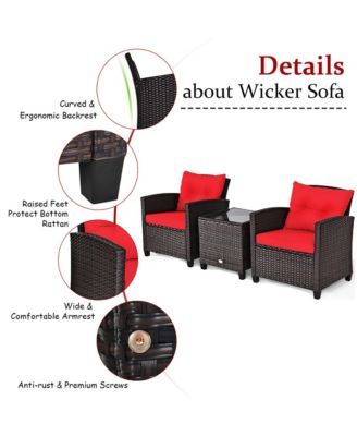 3PCS Patio Rattan Furniture Set Cushioned Sofa Coffee Table Garden