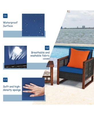 3PCS Patio Wicker Furniture Set Solid Wood Frame Cushion Sofa w/ Square Table Shelf