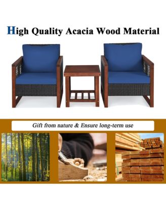 3PCS Patio Wicker Furniture Set Solid Wood Frame Cushion Sofa w/ Square Table Shelf