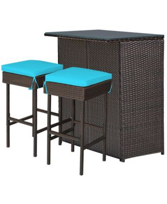 3PCS Patio Rattan Wicker Bar Table Stools Dining Set Cushioned Chairs