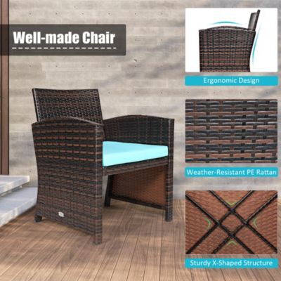 3PCS Patio Rattan Wicker Furniture Cushion Sofa Coffee Table